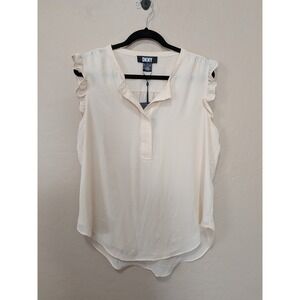DKNY Cream Sleeveless Ruffle Neck Button Up Blouse Shirt Top XL Flowy Sheer